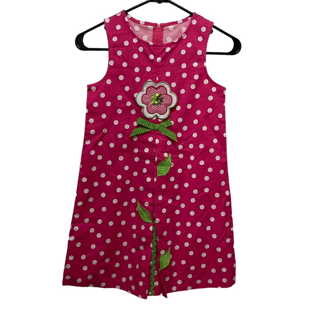 Bonnie Jean Dress Girl's 6X Pink Flower Green Leaves Sundress Ruffles Bow ALine